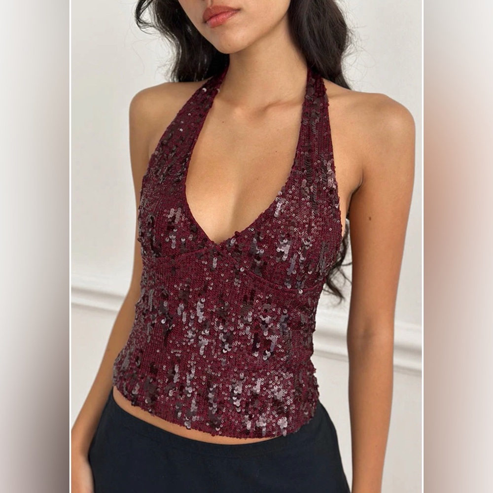 Motel rocks Cosio Halter Top In Mix Sequin Red size M